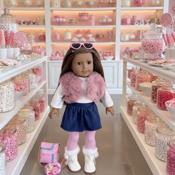 American Girl Doll with Pink Vest and Blue Skirt